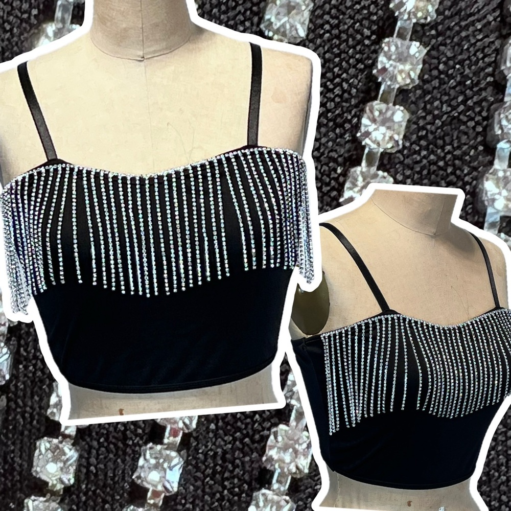 Rhinestone party top “diamond” waterfall fringe cropped  spaghetti strap evening